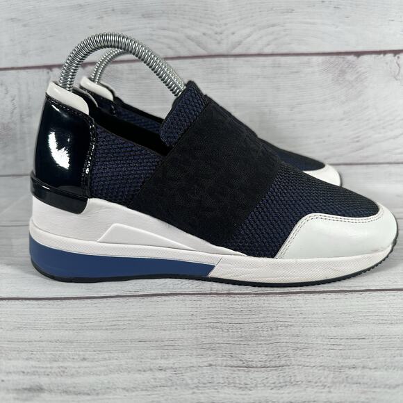 Michael Kors Felix Trainer Slip-on Wedges Flat Sneakers Black/White Blue Sz.7.5 - Picture 1 of 8